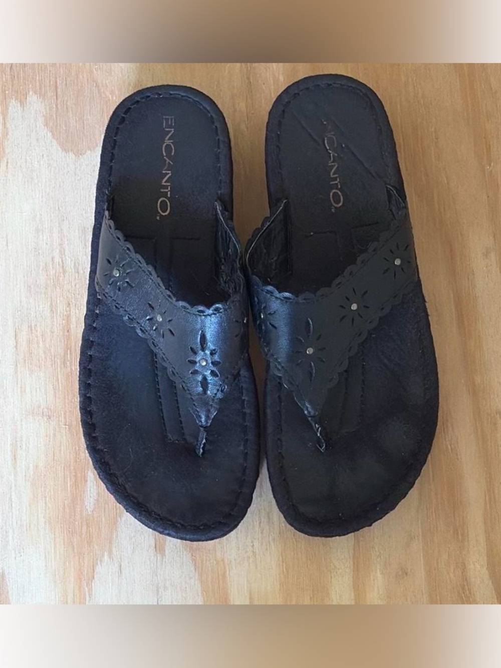 Black Floral-Trim Toe-Post Sandals for Women
